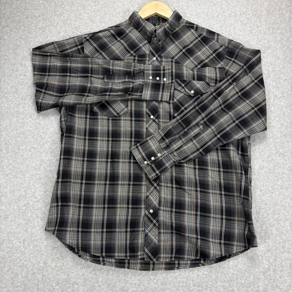 Vintage Wrangler Pearl Snap Shirt Mens XL Black Plaid Western Cowboy Rodeo Ranch